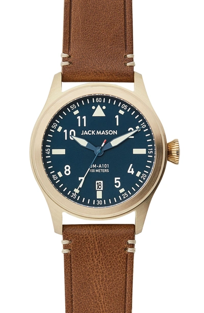 Shop Jack Mason Aviation Leather Strap Watch, 42mm In Navy/ Saddle