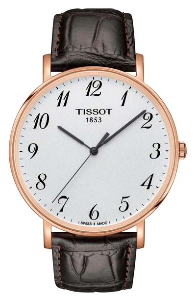 Shop Tissot Everytime Leather Strap Watch, 42mm In Brown/ White/ Rose Gold