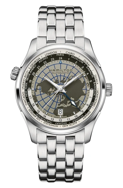 Shop Hamilton Jazzmaster Gmt Automatic Bracelet Watch, 40mm In Silver