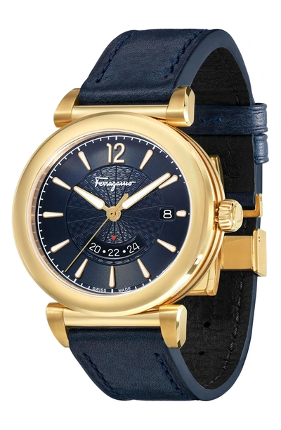 Shop Ferragamo Feroni Leather Strap Watch, 40mm In Blue/ Gold
