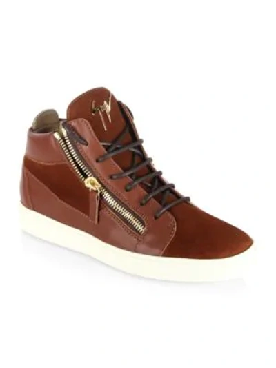 Shop Giuseppe Zanotti Double-zip Leather & Suede Mid-top Sneakers In Red