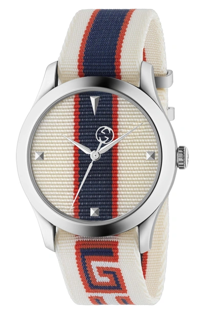 Shop Gucci G-timeless Nylon Strap Watch, 37mm In Cream/ Red/ Blue/ Silver