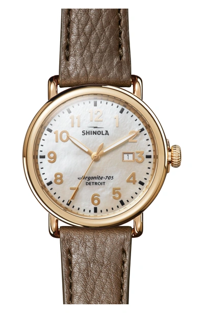 Shop Shinola 'runwell' Leather Strap Watch, 41mm In Walnut/ Mop/ Gold