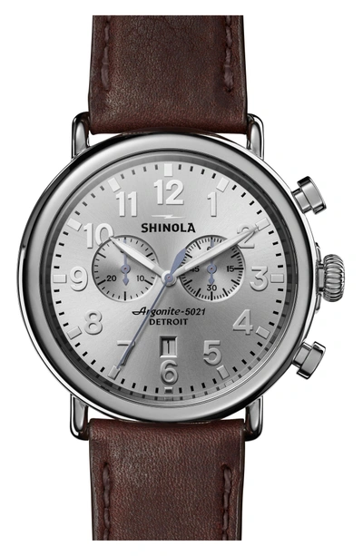 Shop Shinola The Runwell Chrono Leather Strap Watch, 47mm In Brown/ Silver