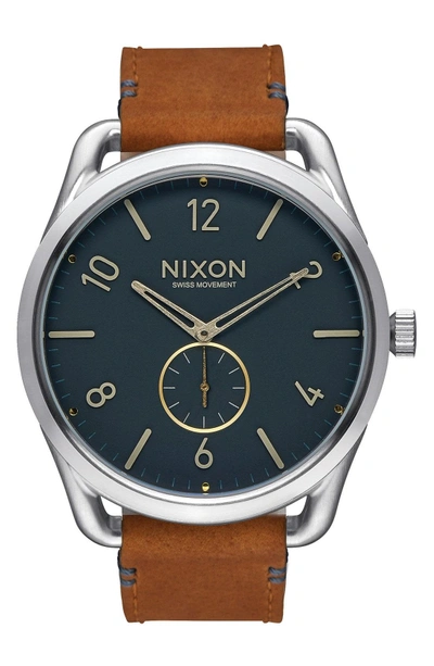 Shop Nixon 'the C45' Leather Strap Watch, 47mm In Saddle/ Navy/ Silver