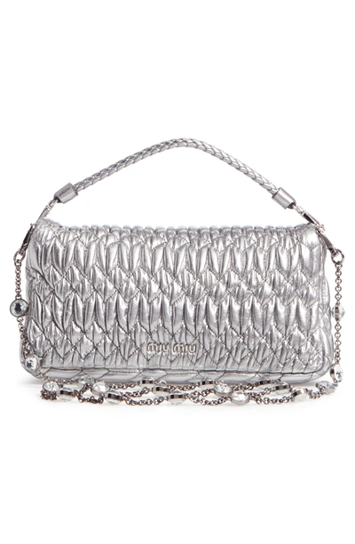 Shop Miu Miu Small Crystal Embellished Nappa Shoulder Bag - Metallic In Cromo
