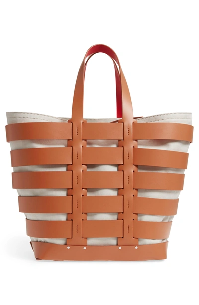 Shop Paco Rabanne Cage Leather & Canvas Tote - Brown In Camel