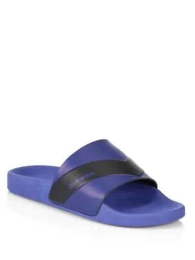 Shop Diesel Aloha Slide Sandals In Blue Gunmetal