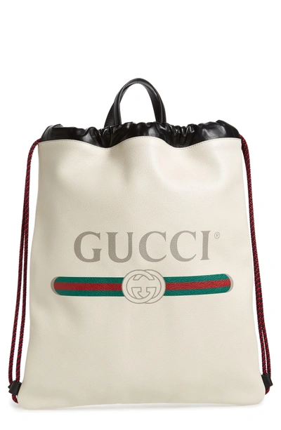 Shop Gucci Logo Leather Drawstring Backpack - White In Mystic White/ Vert/ Red/ Nero