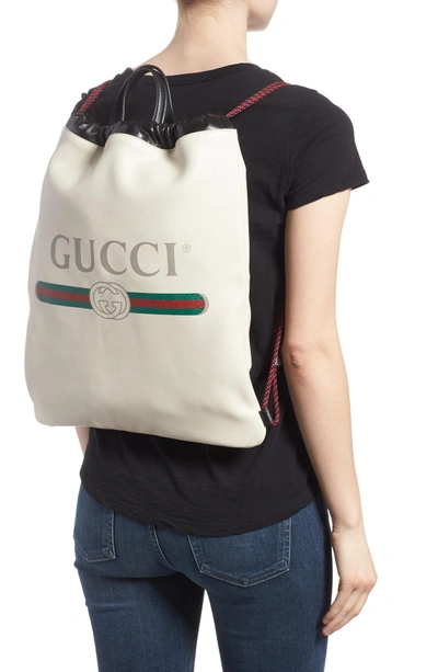 Shop Gucci Logo Leather Drawstring Backpack - White In Mystic White/ Vert/ Red/ Nero