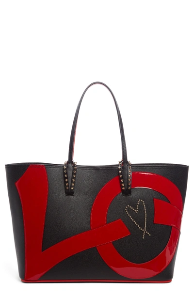 Shop Christian Louboutin Cabata Love Embellished Leather Tote - Black In Black/ Black/ Red
