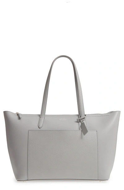 Shop Smythson Panama East/west Leather Tote - Grey In Cold Grey