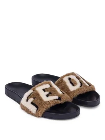 Shop Fendi Logo Shearling Slides In Brown