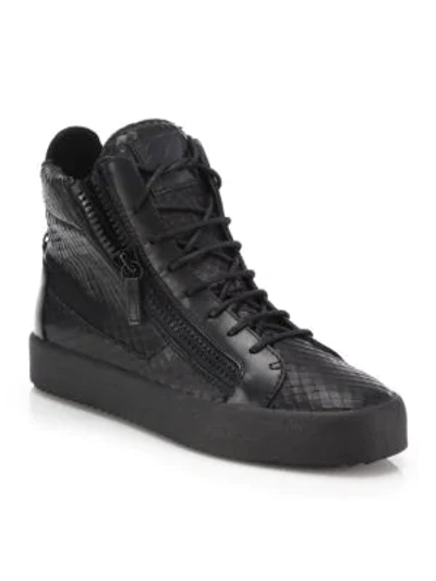 Shop Giuseppe Zanotti Snake-embossed Leather High-top Sneakers In Black