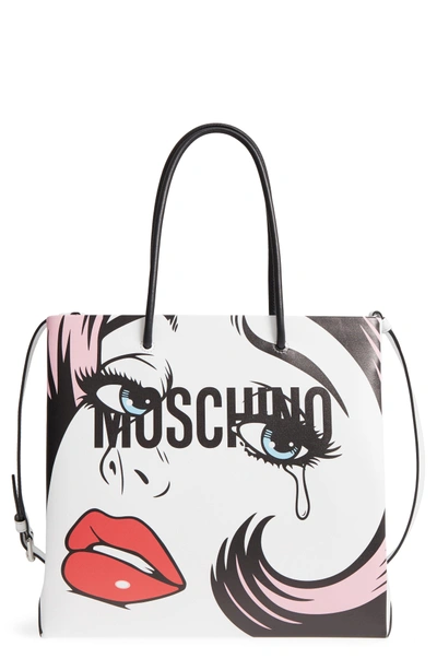 Shop Moschino Graphic Print Leather Tote - White In White Multi