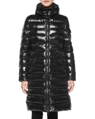 Shop Moncler Moka Shiny Fitted Puffer Coat With Hood In Black