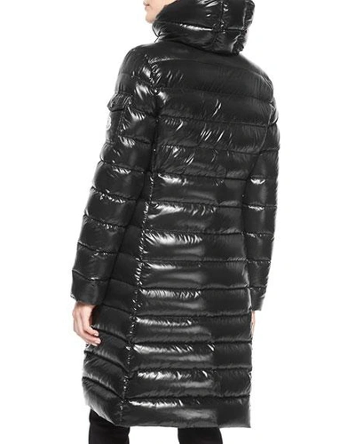 Shop Moncler Moka Shiny Fitted Puffer Coat With Hood In Black