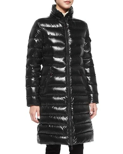 Shop Moncler Moka Shiny Fitted Puffer Coat With Hood In Black