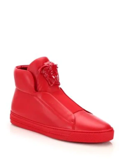 Shop Versace Idol Tonal Pallazo Leather High-top Sneakers In Cardinal Red