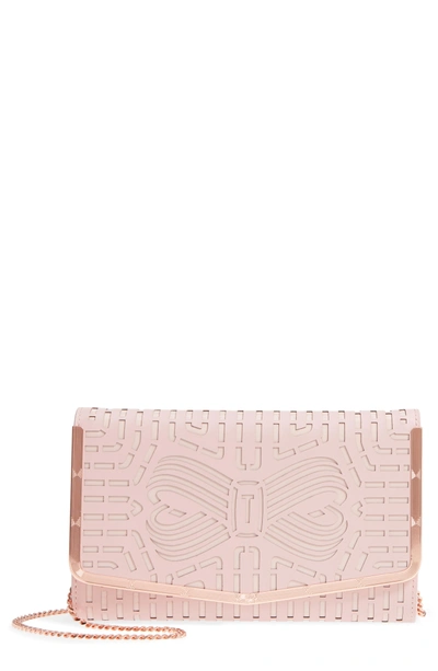 Bree Laser Cut Bow Leather Clutch Pink In Light Pink rose Gold