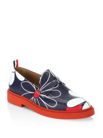 Shop Thom Browne Floral Print Leather Loafers In Red Blue