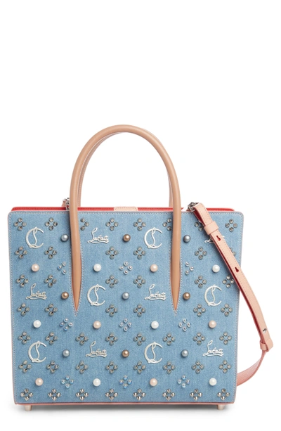 Shop Christian Louboutin Medium Paloma Studded Denim & Leather Tote - Blue In Blue/ Pearl Mix