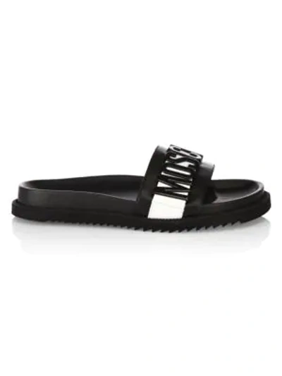 Shop Moschino Logo Slide Leather Sandals In Black