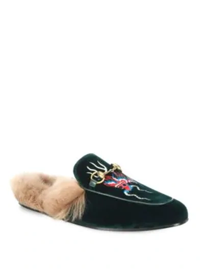 Shop Gucci Velvet Shearling Princetown Slippers In Green