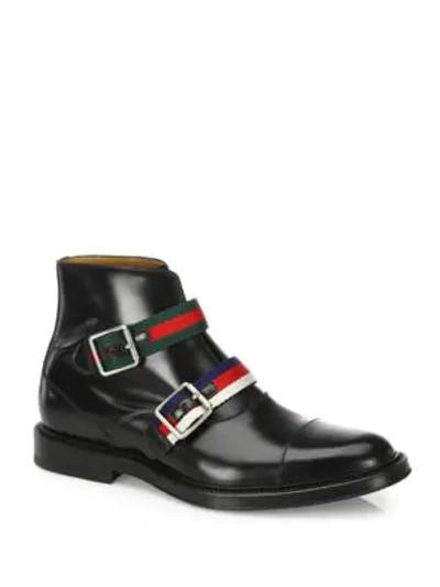 Shop Gucci Beyond Double Buckle Leather Ankle Boots In Black