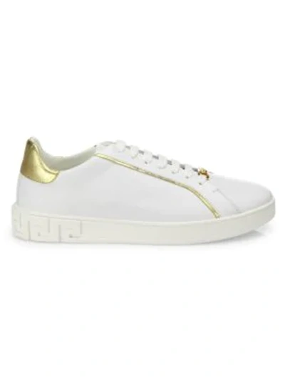 Shop Versace Grecco Signature Accented Leather Low-top Sneakers In White Gold