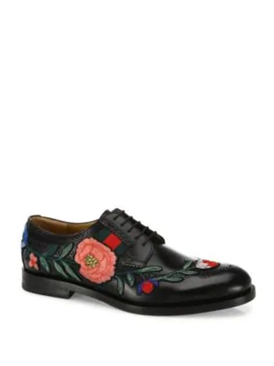 Shop Gucci Embroidered Leather Brogue Shoes In Black