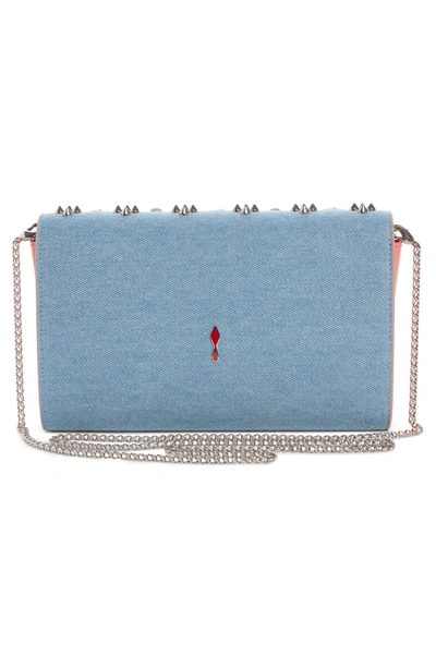 Shop Christian Louboutin Paloma Studded Denim Clutch - Blue In Blue/ Pearl Mix