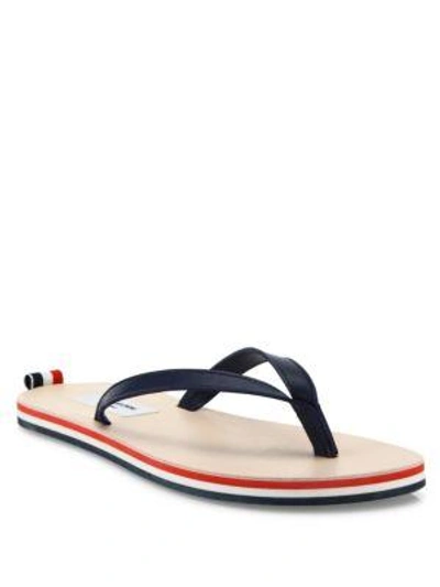 Shop Thom Browne Leather Tricolor Stripe Flip Flops In Blue