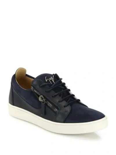 Shop Giuseppe Zanotti Zippered Suede & Leather Low-top Sneakers In Navy