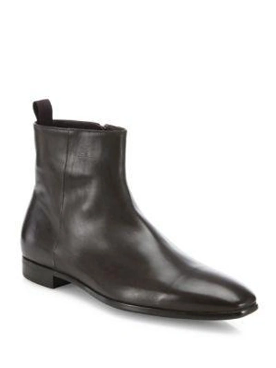 Shop Giorgio Armani Side Zip   Leather Ankle Boots In Dark Brown