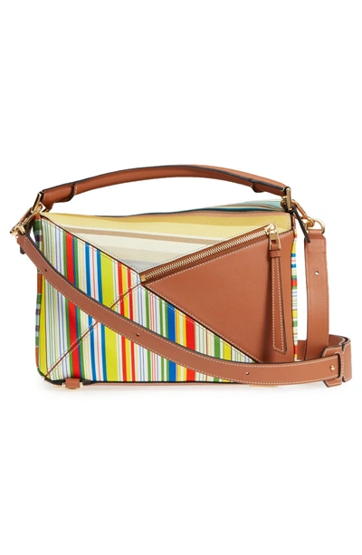 Shop Loewe Medium Puzzle Stripe Canvas & Leather Shoulder Bag - Black In Multicolour