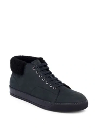 Shop Lanvin Shearling-trim Suede Mid-top Sneakers In Black
