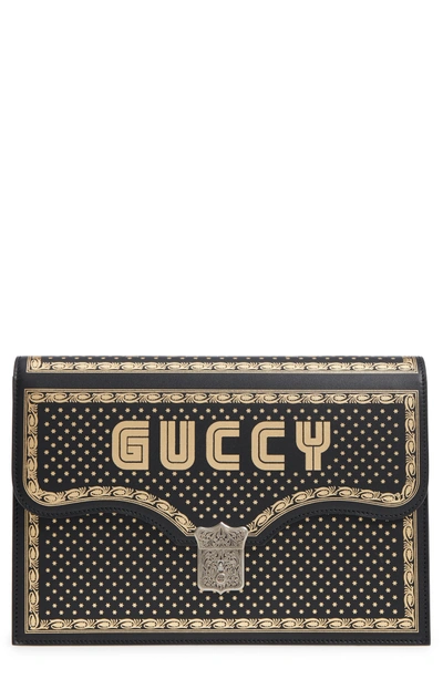 Shop Gucci Guccy Logo Moon & Stars Envelope Clutch - Black In Nero/ Oro