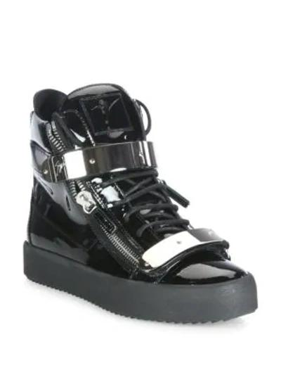 Shop Giuseppe Zanotti Double-zip Patent Leather High-top Sneakers In Black