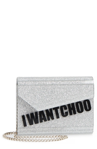 Shop Jimmy Choo Candy I Want Choo Glitter Clutch - Metallic In Silver