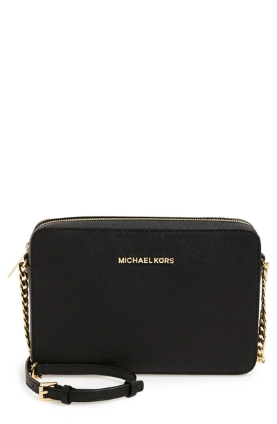 Shop Michael Michael Kors 'large Jet Set' East/west Saffiano Crossbody Bag - Black In Black/ Gold