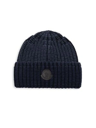 Shop Moncler Folded Knit Wool Beanie In Navy