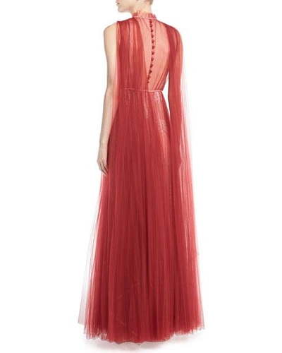 Shop Valentino Floral Lace Gown With Tulle Overlay In Red/pink