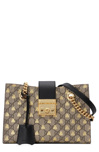 Shop Gucci Small Padlock Gg Supreme Bee Shoulder Bag In Beige Ebony Oro/ Nero