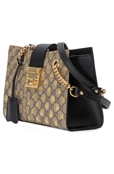 Shop Gucci Small Padlock Gg Supreme Bee Shoulder Bag In Beige Ebony Oro/ Nero