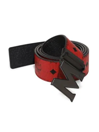 Shop Mcm Logo Leather Trimmed Belt In Ruby Red