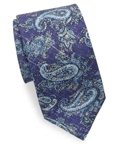 Shop Isaia Washed Paisley Silk Tie In Blue