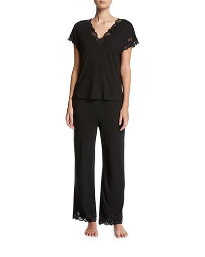 Shop Natori Zen Lace-trim Short-sleeve Pajama Set In Black