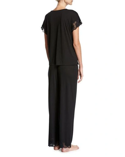Shop Natori Zen Lace-trim Short-sleeve Pajama Set In Black