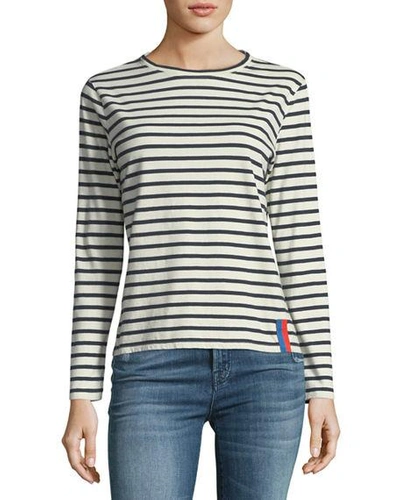 Shop Kule Crewneck Long-sleeve Striped Cotton Top In Cream/navy